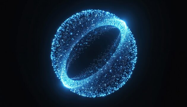 Abstract blue glowing sphere made of tiny light particles swirling in dark void. Futuristic digital orb shape, data flow, cosmic energy network connection visualization. Dynamic abstract background.