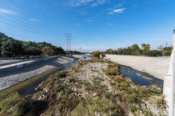 View of the Los Angeles River near Griffith Park and Glendale in Los Angeles County California.