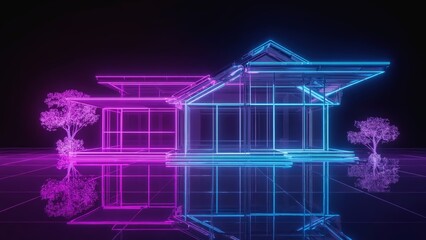 A modern futuristic building outlined with glowing neon lines in pink and blue hues, surrounded by luminous trees, reflected on a glassy surface, virtual architecture and innovative digital design.