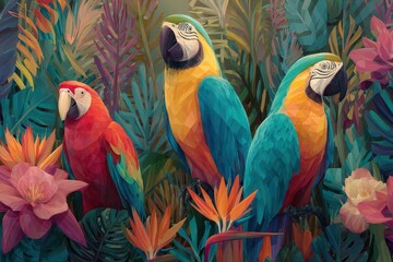 Vibrant Jungle Scene Featuring Exotic Parrots Amidst Lush Rainforest Flora