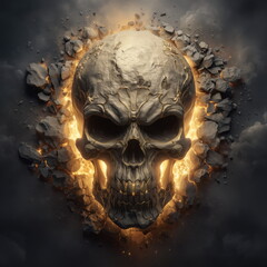 Wall Art golden biker skull breaking through steel with fire and explosions in background