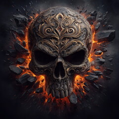 Wall Art Golden Biker Skull Breaking Through Shattered Steel with Fiery Explosions in Background
