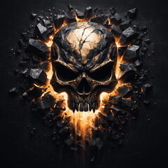Wall Art Golden Biker Skull Breaking Through Metal with Fire and Explosions in Background