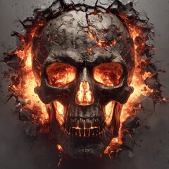Wall Art golden biker skull breaking through steel with fire and explosions in background