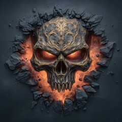 Wall Art Epic Golden Biker Skull Breaking Through Shattered Steel with Fire and Explosions Background