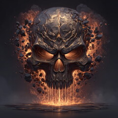 Wall Art Golden Biker Skull with Molten Stone Fragments and Fiery Gloomy Eyes