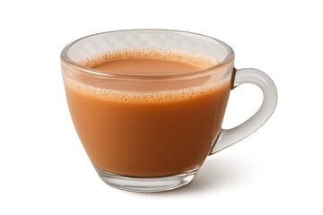 Glass cup with chai latte on transparent background, delicious drink.