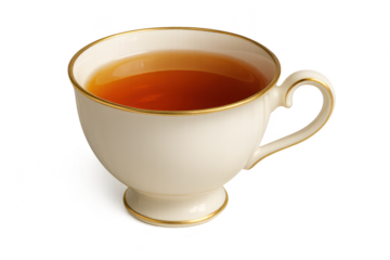 Porcelain teacup with tea on transparent background, elegant design.