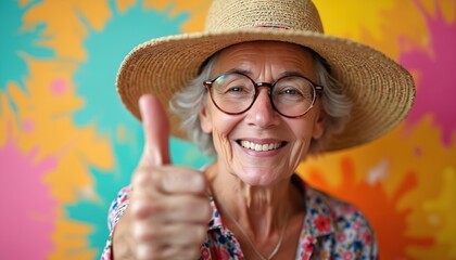 Smiling senior woman with straw hat and glasses shows thumb up. Elderly female gives positive feedback. Bright background suggests summer or vacation.