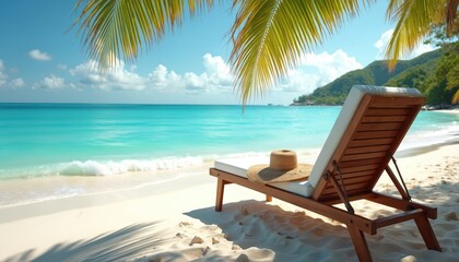 Wooden beach lounger with straw hat sits on white sand shore. Gentle waves lap blue ocean water under palm leaves and bright sky. Tropical island vacation scene.