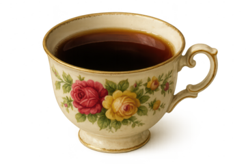 Antique Floral Teacup Filled with Dark Liquid on transparent background