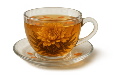 Blooming Tea Cup with a Flower, transparent background. Lovely artwork.