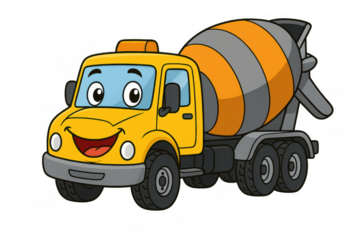 Smiling yellow cartoon concrete mixer truck, construction vehicle with anthropomorphic face, happy expression, building theme