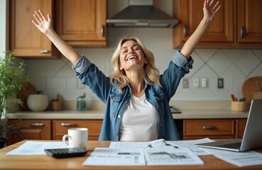 Woman celebrates financial success at kitchen table. Papers, laptop, calculator show completed work. She beams with joy and relief after managing her money and tasks effectively.