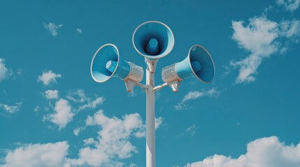 Skyward Siren's Call: A cluster of retro-style megaphone speakers, painted in striking blue and white, pierces the vast expanse of a bright azure sky peppered with fluffy clouds. 