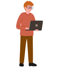 Man with red hair standing and holding laptop in his hands, wearing specialist glasses. Programmer, collection of professions