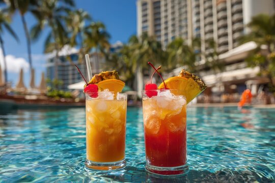 Vibrant Tropical Drinks: Cocktails at a Poolside Bar with Ocean Views in Honolulu, Hawaii - Perfect for Summer Luau Parties