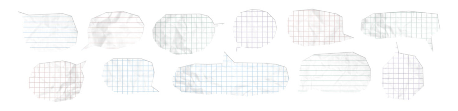 White speech bubbles cut out from crumpled grid and lined notebook paper sheets. Set of grunge social media clip art. Modern retro vector illustration for mixed media design on transparent background