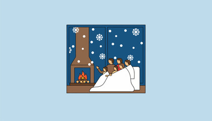 Obraz premium A serene winter scene with snow falling outside as a family snuggles under blankets sharing stories together in front of a crackling fire.