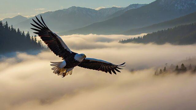A close-up of a bald eagle in flight over fog-covered mountains at dawn, spreading its wings with power and grace, representing freedom, vision, strength, and the unbreakable spirit of the wild. - Powered by Adobe