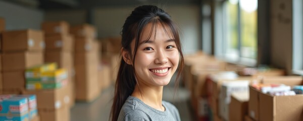 Young asian woman smiles while volunteering at a food bank. She helps sort donations in stacks of boxes. Her cheerful expression conveys dedication to community service.
