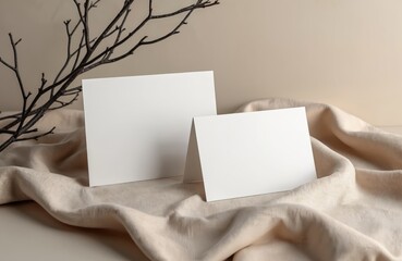 Blank white cards placed on creased beige fabric near dark tree branch. Minimalist setting perfect for invitations, greeting cards, or special event announcements.