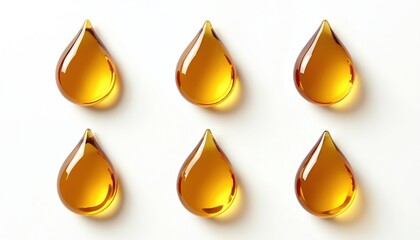 Six shiny golden liquid drops isolated on bright white background. Amber droplet reflects light, creating clean graphic image. Simple elegant composition shows purity, luxury for cosmetic, food, tech
