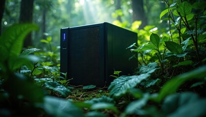 Modern server unit sits in dense green forest foliage. Natural light streams through tree canopy highlighting technology integration with environment. Represents eco-friendly computing concepts.
