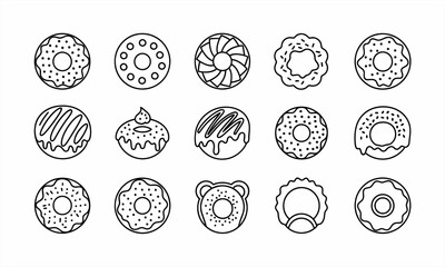 Collection of Various Delicious Donut Illustrations in Outline Style.