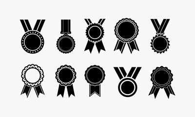 Collection of Award Medals and Ribbons Icons Set.