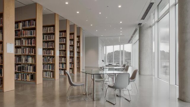 This sleek video showcases a modern library interior, featuring floor-to-ceiling bookshelves and a minimalist design. Natural light floods the space, creating an inviting atmosphere perfect for readin