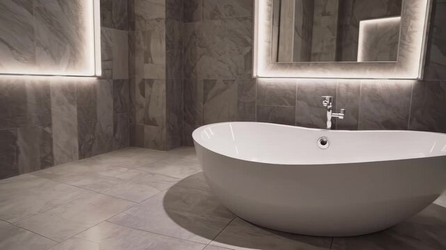 This elegant video features a luxurious bathroom design with a freestanding bathtub and modern features. Soft ambient lighting highlights the sleek lines and marble textures, creating a serene and sty