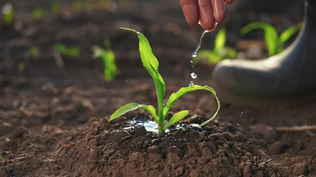The farmer works in the irrigation corn passionate about agriculture. agriculture a business concept. The hand sprout is watering on the corn. hand farm farmer watering green corn sprout irrigation