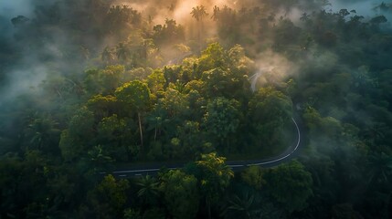 Drone-level panoramic view of a curving hillside roadway weaving through dense rainforest canopy, deep green foliage layered with humid haze, subtle sunlight breaking through clouds, atmospheric