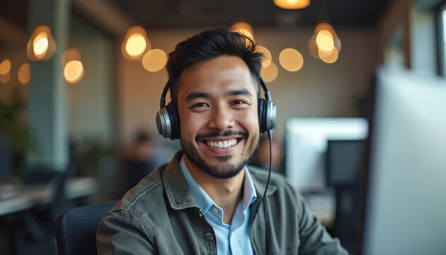 Smiling young Filipino man wears headphones, looking at camera in bright modern office. Provides excellent customer service, tech support from computer station. Happy pro worker delivers client