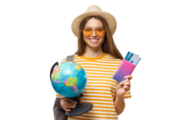 Cheerful girl holding globe in one hand and passport with flight tickets in other