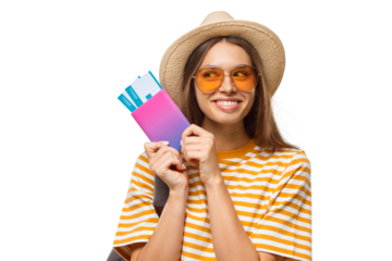 Summer shot of smiling dreamy young female traveller holding passport with flight tickets