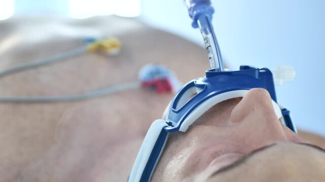 Patient undergoing intubation and monitoring in a hospital intensive care setting