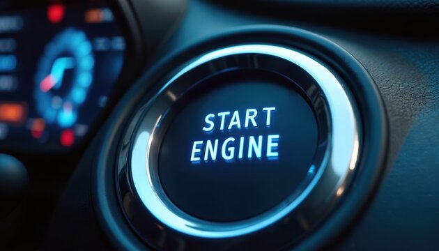 Car interior with illuminated push to start engine button, blue light glow around it, dashboard visible in background. Modern automobile dashboard detail, keyless ignition. - Powered by Adobe