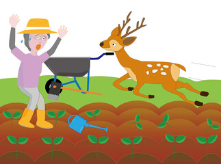 鹿と出会って驚く女性