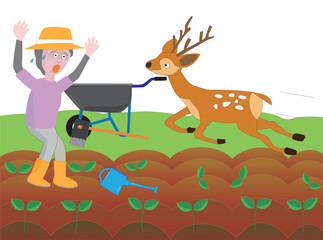 鹿と出会って驚く女性