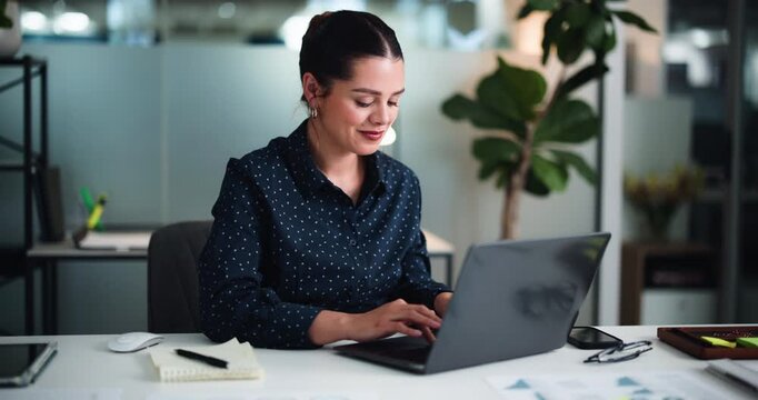 Happy, businesswoman and typing with laptop in office for financial planning, stats report or email. Person, smile or research in workplace with computer for budget proposal, data analysis or review.