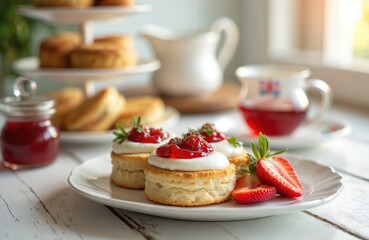 English afternoon tea with scones jam cream and fresh strawberries served with hot tea. Traditional sweet dessert spread on a tiered stand for a delightful culinary experience at home.