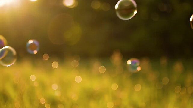 Golden Sunset Field Bubbles Floating in Warm Summer Lightscape Glimmering