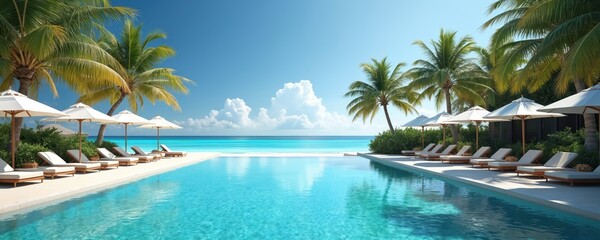 Infinity pool with loungers and umbrellas overlooks turquoise ocean waters and white sand beach. Palm trees line the lush green tropical landscape under a clear blue sky.