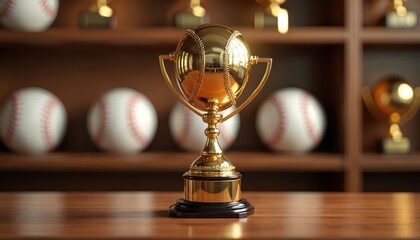 Golden baseball trophy sits on wooden table. Baseball bats and balls fill shelf in background. Award celebration for winning team, player achievement.