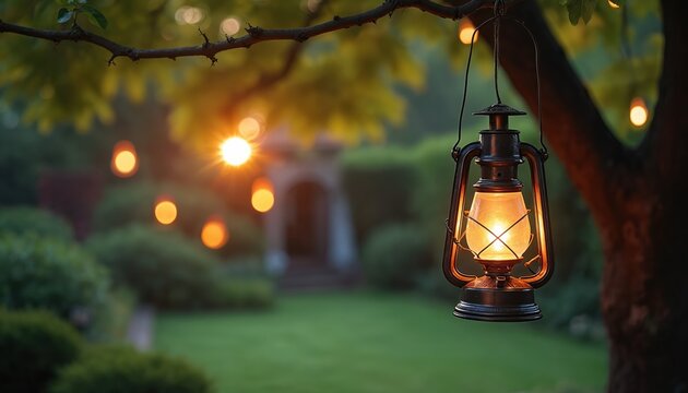 Old oil lantern hangs on tree branch in lush garden at dusk. String lights twinkle in background creating cozy warm glow. Peaceful outdoor evening scene.