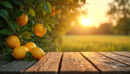 Ripe yellow lemons hang from a tree branch beside a rustic wooden table. Soft golden hour sunlight illuminates a green meadow and distant trees.