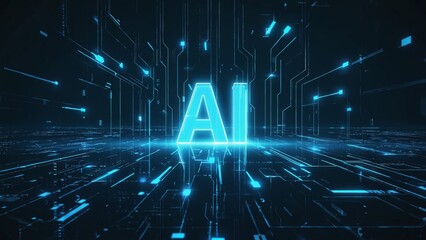 Blue glowing AI letters on futuristic circuit board background, artificial intelligence, technology, big data, machine learning, virtual innovation, digital transformation, and cyber evolution.