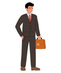 Businessman in gray business suit standing and holding briefcase in his hand. Business man. Collection of professions.
